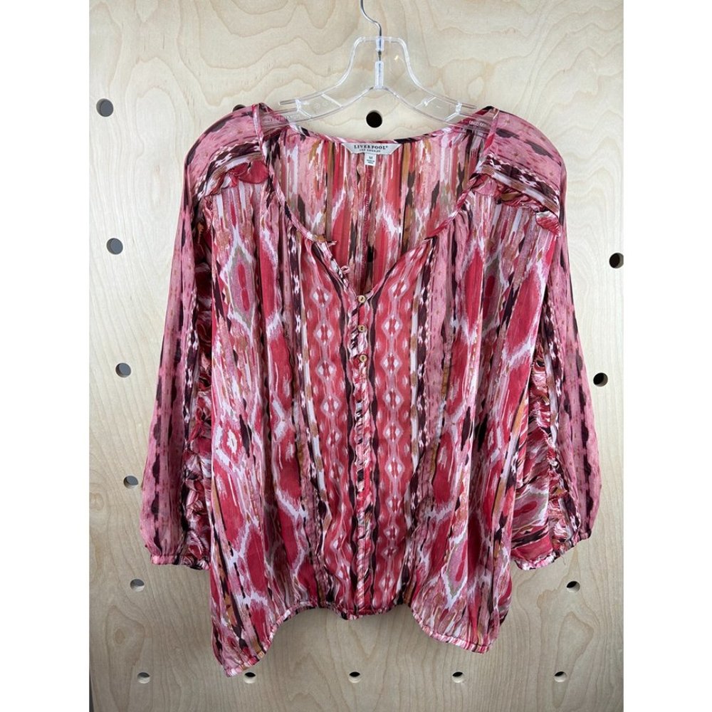 Liverpool Desert Blossom Ikat Print Ruffle Sleeve Button Front Blouse Top Size M